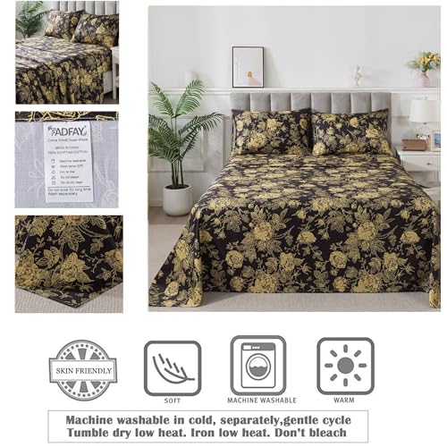 Image of FADFAY Rose Sheets Set Full Vintage Black Gold Floral Bedding Shabby Peony Botanical Sheets Luxury Farmhouse Bedding 800 Thread Count 100% Egyptian Cotton Deep Pocket Fitted Sheet 4Pcs, Full Size