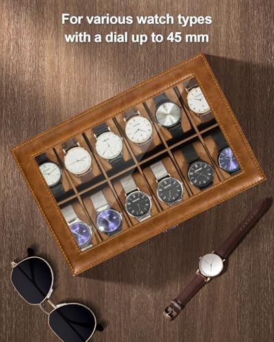 Image of Uten 12-Slot Watch Box, PU Leather Watch Case with Glass Lid, Brown | Watch Jewelry Storage Organizer Display with Velvet Lining, fits Watch Size up to 48mm, Gift for Men and Women, Birthday