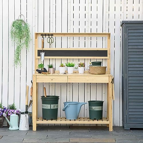 Outsunny Gärtnertisch Pflanztisch mit 8 Haken Ablage Schublade Blumentisch aus Holz für Terrasse Garten 151 x 45,5 x 143 cm Natur – Bild 3
