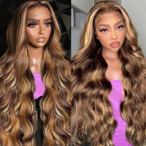 Image of 32 Inch 4 /27 Highlight 13x4 Body Wave Lace Front Wigs Human Hair 180 Density Glueless HD Transparent Honey Blonde Ombre Lace Frontal Wigs Pre Plucked With Baby Hair Colored Wig For Women