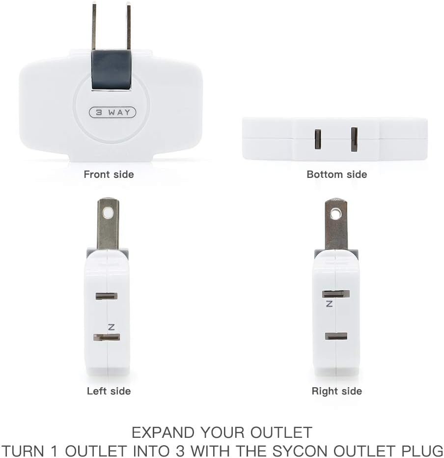 SYCON 3 in 1 Wall Outlet Extender AC Adapter, 2-Prong Swivel Mini Indoor Wall Tap Power Outlet Extender Plug, Foldable Extension Plug Adapter