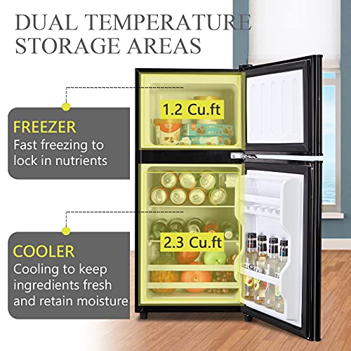 Krib Bling 3.5Cu.ft Compact Refrigerator, Retro Fridge With Dual Door Small Refrigerator With Freezer, 7 Level Adjustable Thermostat For Dorm, Garage, Office, Bedroom, Apartment, Black #TOP2