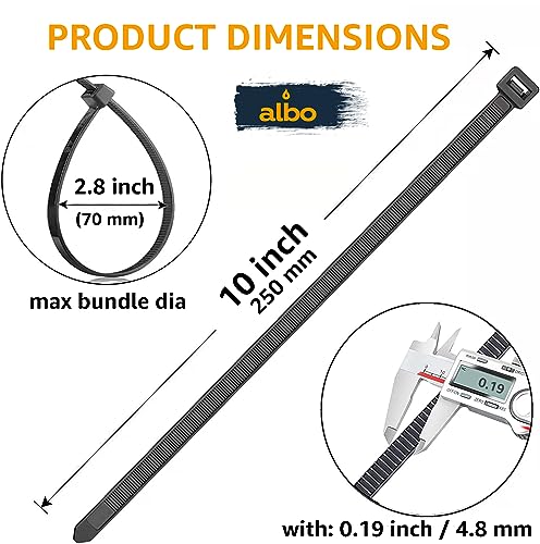ALBO Zip Ties Black 10 Inch 1000 Pack 50 lb, Long Plastic Cable Ties Thick 0.19 Inch Tie Wraps Heavy Duty UV Resistant Nylon Wire Ties for Indoor and Outdoor