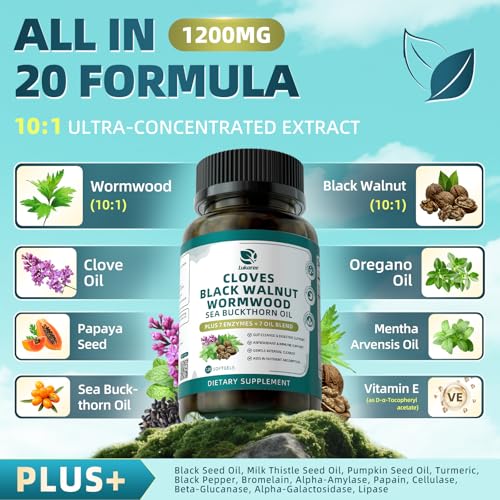 Lukaree Wormwood Black Walnut Clove Cleanse for Humans Softgels, 20-in-1 Extra Strength | Gut Cleanse & Digestive Health w/ 7 Oils & 7 Enzymes | Concentrated, Men & Women Natural Herb - 120 CT — view 2