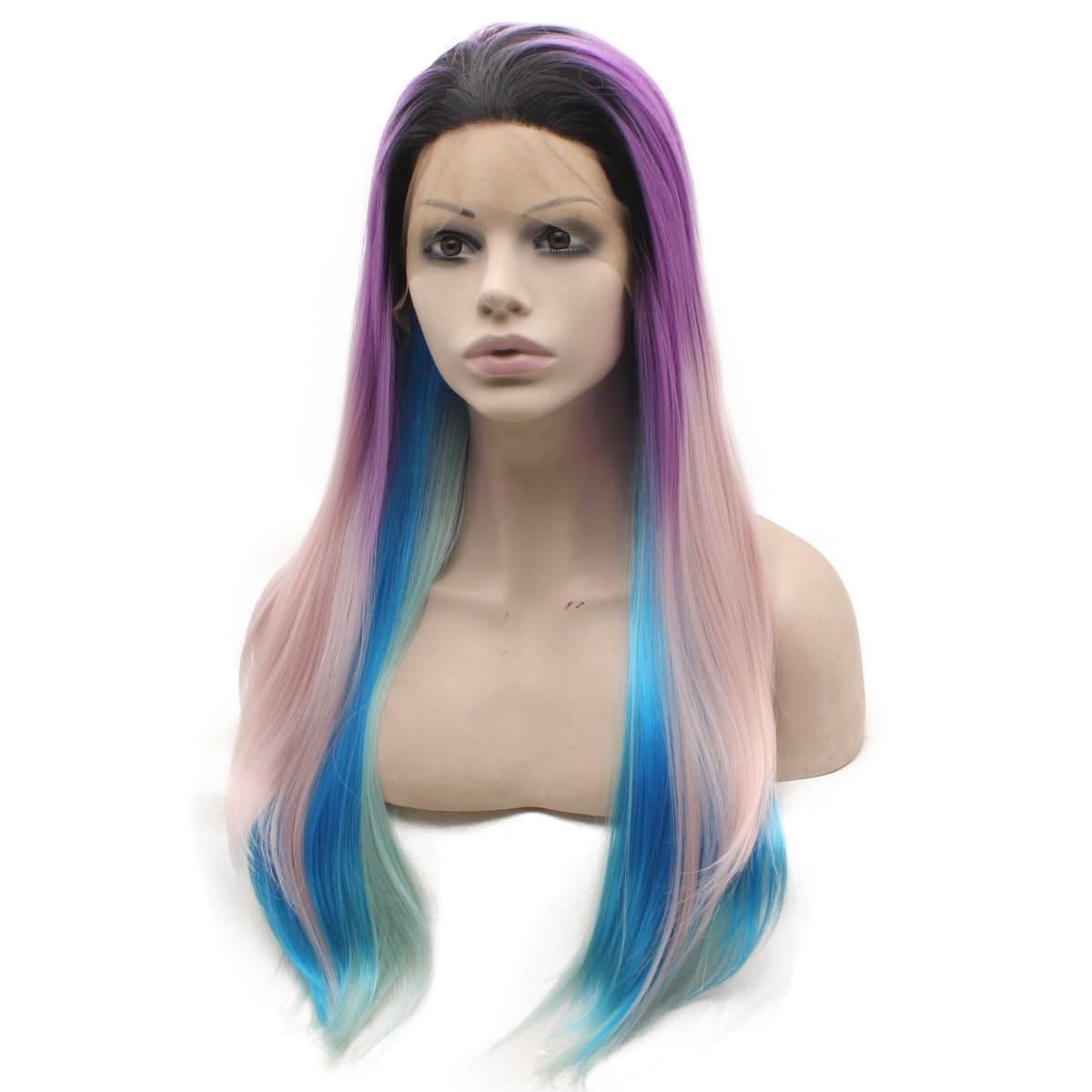 MX angel Long Straight Ombre Wig Synthetic Lace Front Colorful Heat Friendly Fiber Cosplay Party Wig