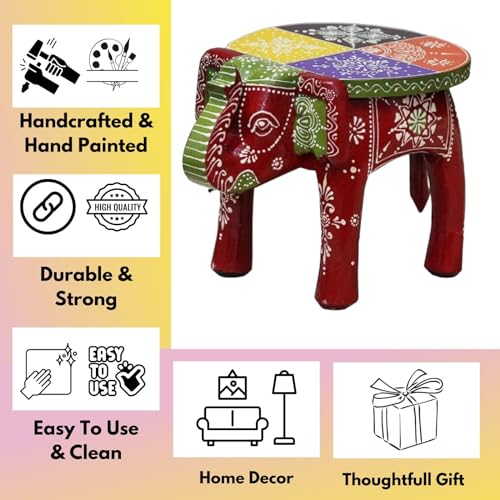 Image of Hand-Crafted and Emboss Colorful Painted Wooden Elephant Shape Stool for Home /Office /Living or Bedroom Decor,Decorative Showpiece (8 Inches Height, Maroon)