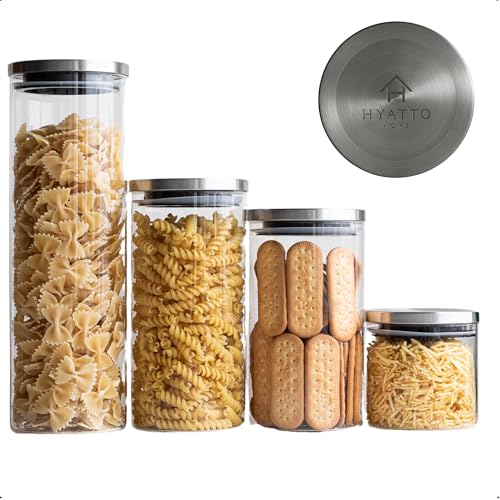 Kit Potes Herméticos de vidro 4 Unidades com Tampas INOX, Tamanhos Variados | Conjunto de Porta Mantimentos, Ideal para Organização de Cozinha | Potes de Vidro com Tampa Hermética INOX | Hyatto Home