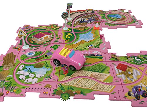 Perfect Life Ideas Theme Vehicle Puzzle Track Play Set - Battery Operated Toy Themed Style Vehicle Runs on Interchangeable Puzzle Tracks - Make up to 50 Track Combinations (Pink Sports Car)