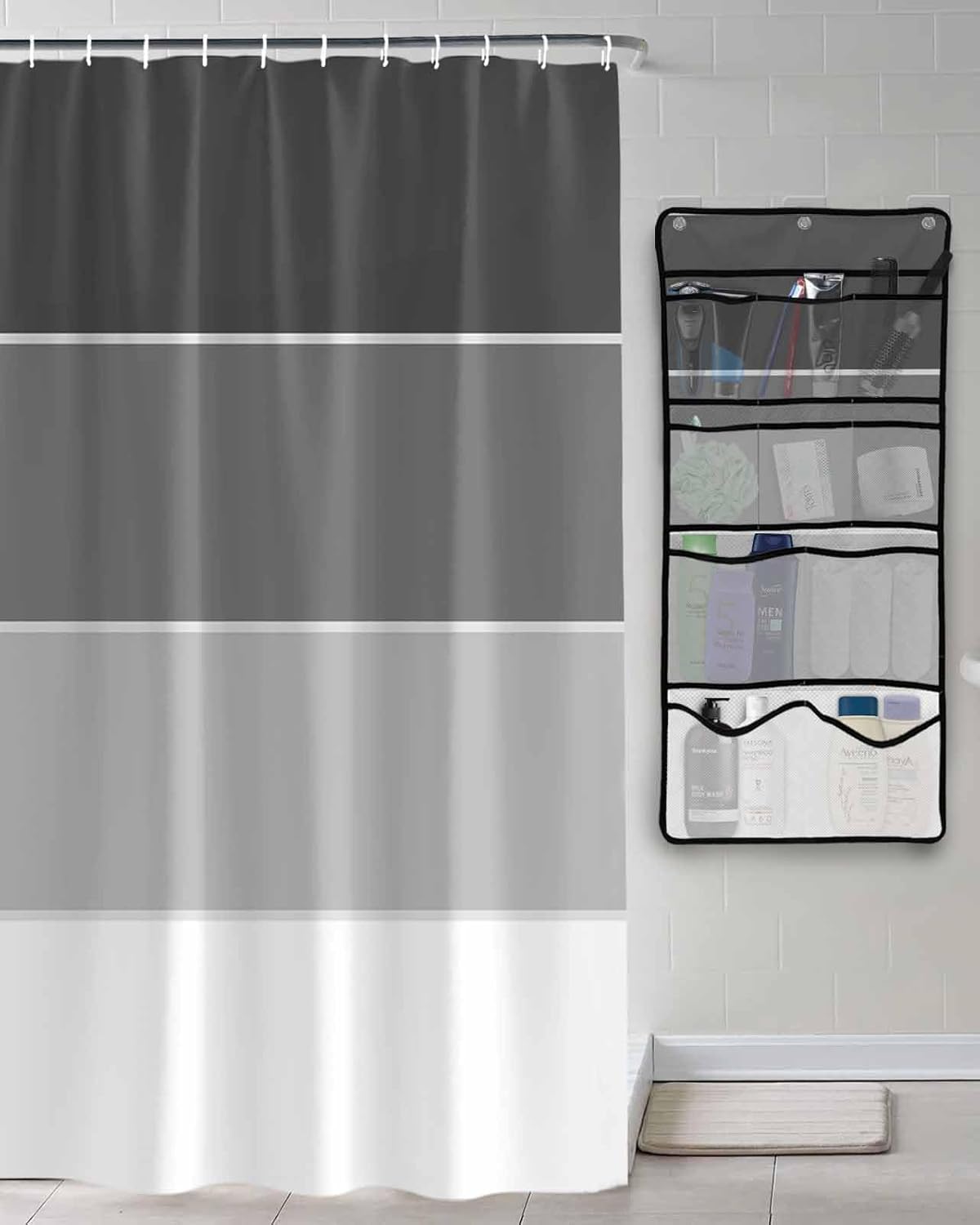 Decorative Shower Curtain Sets Stripe Black Gray Polyester Fabric Waterproof Shower Curtains Modern Geometric Color Block Texture Mesh