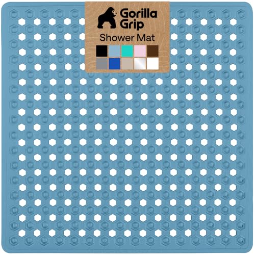 Image of GORILLA GRIP Patented Square Shower Stall Mat, Small Bathtub Floor Mats for Stand Up Showers, Suction Cups and Drain Holes, Machine Wash, Soft on Feet, Bathroom Accessories 21x21 Inch, Sky Blue Opaque