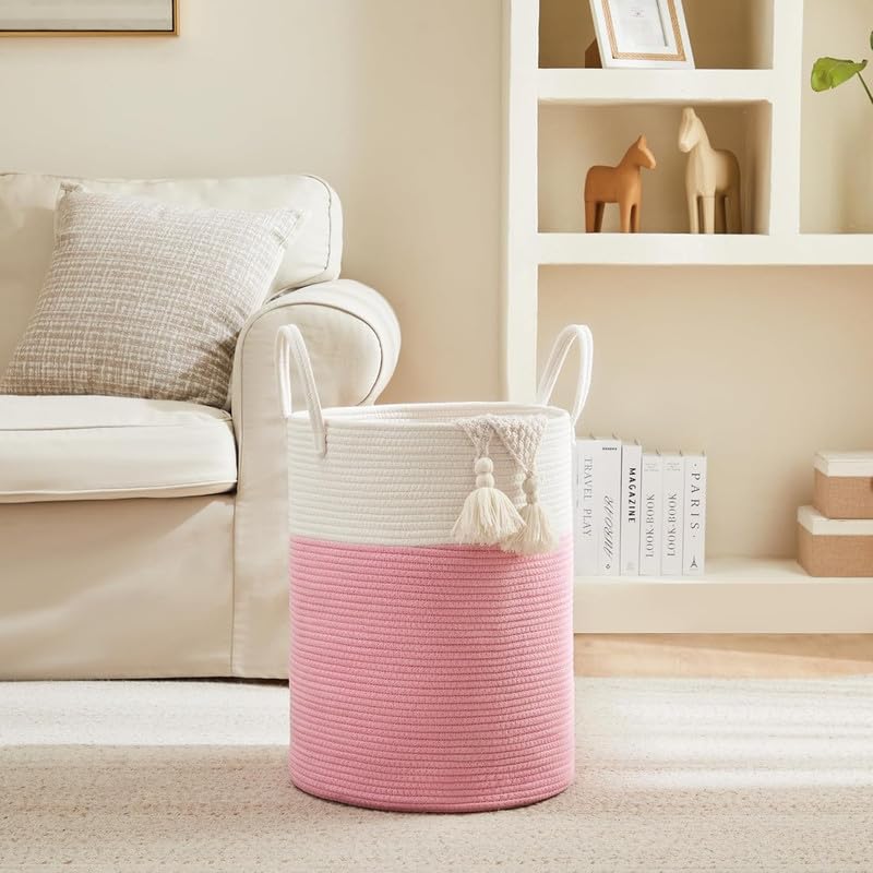 Image of Storage Cotton Rope Basket and Laundry Hamper for Dirty Clothes, Towels, Blankets, Pillows Storage in Living Room, Laundry Room and Bedroom (Pink White, 14x18 Inch)
