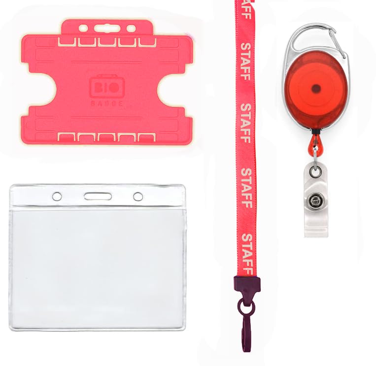 Complete 4 Piece Staff ID Badge Set PCL Media ltd Includes Staff Lanyard, Retractable Badge Reel, & Badge Pocket & Bio Double Sided ID Card Badge Holder (Staff Red)