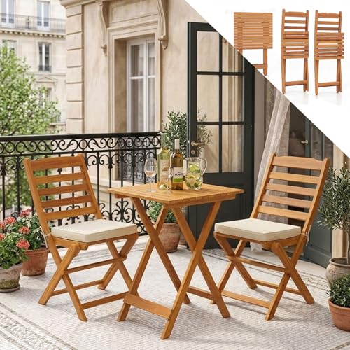 GOPLUS Salon de Jardin Exterieur en Bois d’Acacia, Ensemble de Chaises Pliantes et Table, Chaise Pliable et Portable avec Coussin de Siège, sans Accoudoirs,...