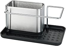 WENKO Spülorganizer Orio, hochwertiger Spülbecken-Organizer aus rostfreiem Edelstahl, Spülbecken-Caddy mit viel Stauraum für Spülmittel, Spültuch, Schwamm, 21 x 10,5 x 12 cm, Silber matt