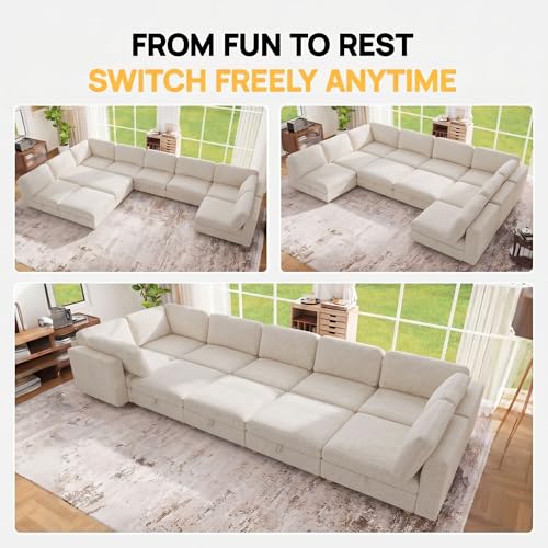 Image of 157 inch Modular Sectional Sleeper Sofa, 10 Seaters Chenille Modular Sectional Sofas, Sleeper Sofa Bed with Storage & Ottoman, Sleeper Couch with Removable Covers, Beige Sectional Couches for Living Room
