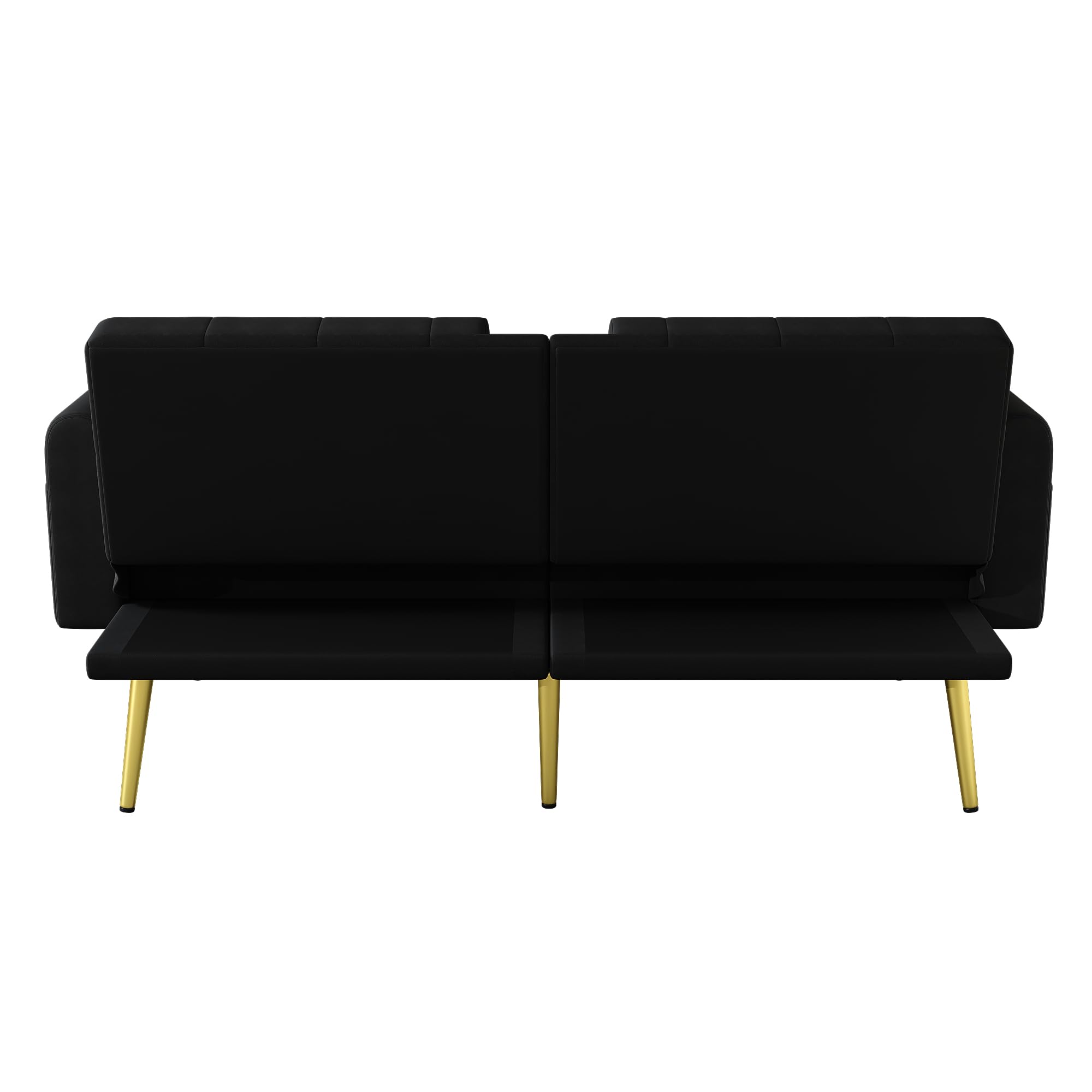Sofá cama de 2 plazas con respaldo ajustable, moderno sofá tapizado con patas doradas, puertos USB, soporte para teléfono móvil, sofá plegable multifuncional para salón (negro)