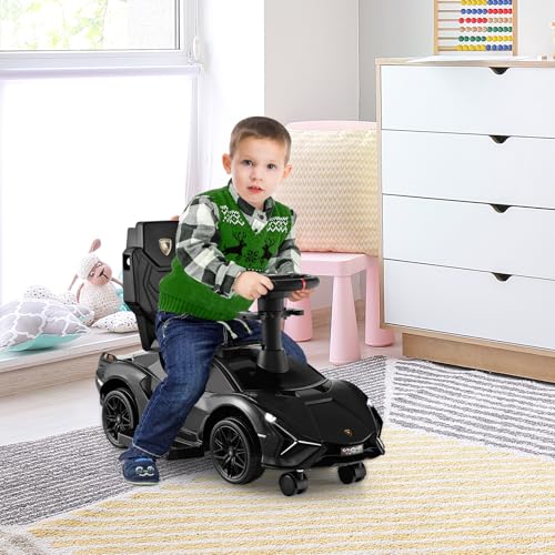 SOARS Lamborghini Rutschauto, Rutschfahrzeug mit Abnehmbarer Schiebstange, Universalrädern, Stauraum, Scheinwerfern, USB-Anschluss, Musik, Spielzeugauto für Kinder ab 1 Jahr (Schwarz) – Bild 4