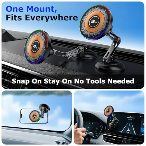 iAXBi for 15W Magsafe Car Mount Charger, Magnetic Wireless Car Mount Charger with Vacuum 360°Adjustable Metal Head [120 LBS Strongest Suction], Cell Phone Holder for Your Car for iPhone 12–17 Series by iAXBi - Image 6