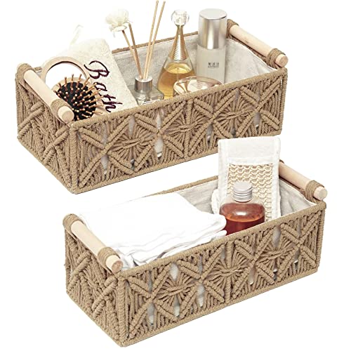 Macrame Storage Basket Boho Decor Baskets for Organizing Woven Decorative Basket for Countertop Toilet Paper Basket for Toilet Tank Top Shelf Basket with Handle for Bathroom Decor Nursery (Set of 2)