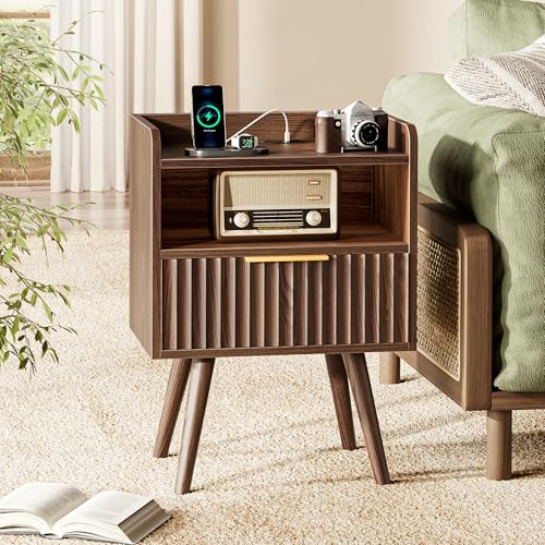 image for Huuger Nightstand with Charging Station, USB-C Port, Fluted Night Stan