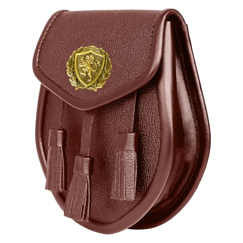 Image of Scottish Original Leather Sporran with Leather Belt & Chain (Brown Leather Attique Big Rampant Lion Sporran)