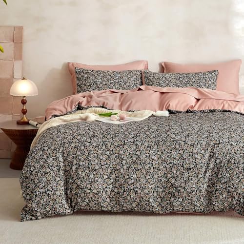 Image of Wake In Cloud - Floral Comforter Set, Cute Vintage Flower Cottagecore Aesthetic for Women Teen Girls, Soft Lightweight Dorm Bedding, 3 Pieces, Black, Queen Size