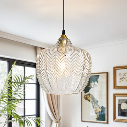 Vaziden Modern Gold Pendant Light, Clear Glass Farmhouse Kitchen Island Pendant Light Fixture Adjustable Vintage Hanging Ceiling Light for Dining Room Corridor 9.45 inch 1 Pack, UL Certification