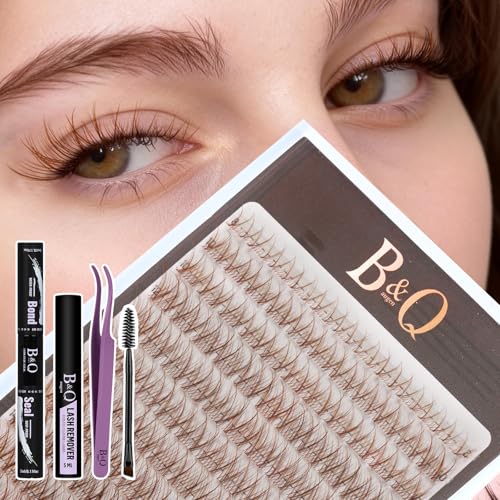 B&Qaugen Lashes Extension Set Wispy Braune Wimpern Set 8-16MM C Curl Natürliche Wimpern Extensions mit Bond & Seal Pinzette Bürstchen Wimpernentferner-Öl Ideal für DIY Zuhause Beruf PartyMKKit01