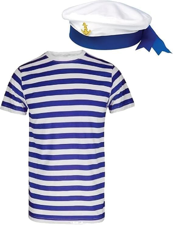 Labela® Mens Sailor Costume Set Blue & White Striped Shirt with Ribbon Hat, Marine Navy Captain Outfit for Parties, Sea Events & Book Week (S)