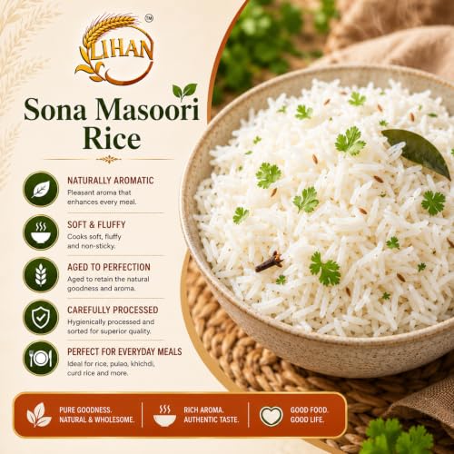 Image of Lihan Sona Masoori Rice 5kg | Premium Quality Rice for Everyday Cooking | Soft Texture, Easy to Digest & Naturally Aromatic | 1kg (Pack of 5)