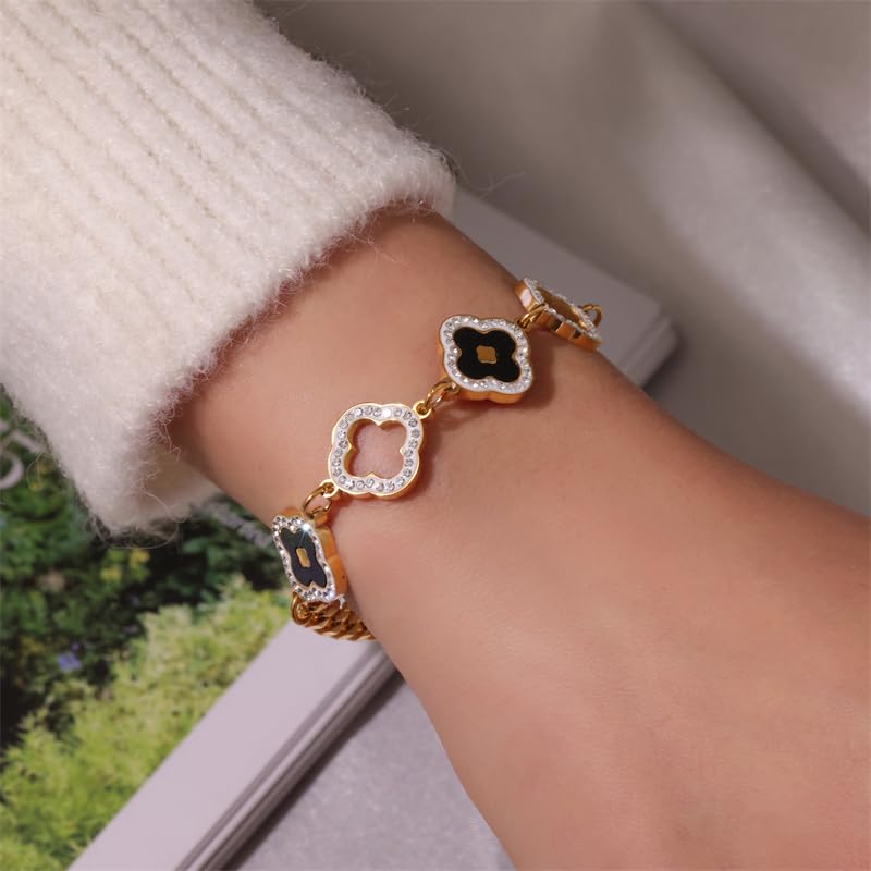 Four Leaf Clover Bracelets for Women, 18K Gold Plated Clover Jewelry Set-Tone with Green Enamel Clover Charms, Crystal Accents, Elegant Gift for Women Packed in a Packaging Box4