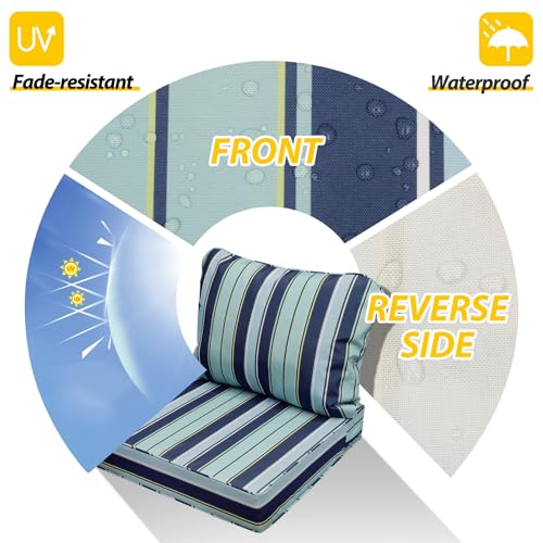 Image of AAAAAcessories Outdoor Seat Cushions for Chairs, Fade-Resistant, Waterproof Patio Furniture Replacement Cushions, 25.5 inch x 25.5 inch x 5 inch + 25.5 inch x 19 inch, Set of 2, Ash Teal Seaside Stripe