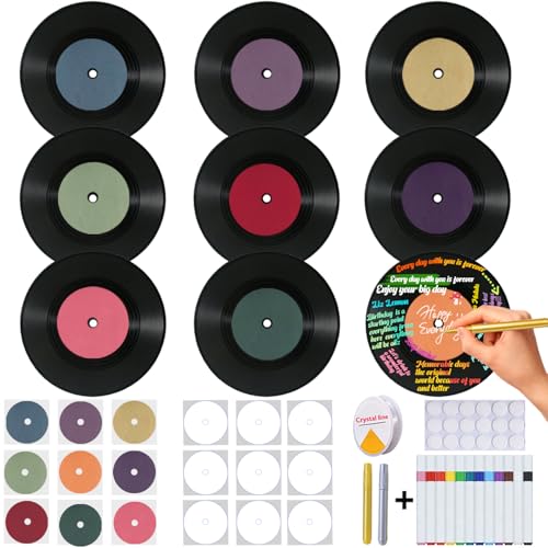 SUJERAN Double-Sided 7 Inch Personalized Vinyl Records Decor, 9 PCS Records for Wall Aesthetic Kit with 18 White/Retro Labels, 14 Pens, Blank Vinyl Records Art Set for Wedding Birthday Party Decor