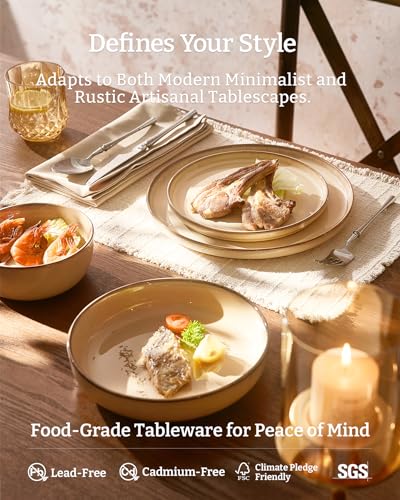 Image of Famiware Milkyway Stoneware Dinnerware Set, 18-Piece, Double Reactive Glaze, Plates and Bowls, Service for 6, Microwave and Dishwasher Safe, Scratch-Resistant, Milk Tea