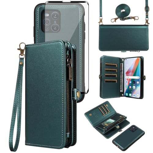 Coque cordon Oppo Find X3 Pro portefeuille magnétique avec protection écran en verre trempé verte