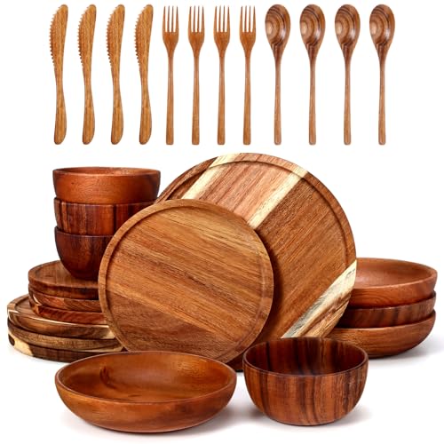 Yiyiring 28 Pcs Acacia Wood Dinnerware Set Round Wooden Plates Solid Wooden Bowls and Spoon Fork Knife Cutlery Set Acacia Wood Tableware Supplies Easy Cleaning Lightweight for Dish Snack Dessert