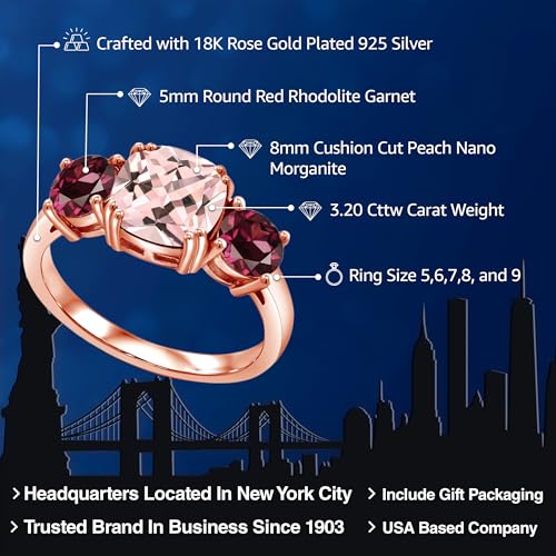 18K Rose Gold Plated Silver Peach Nano Morganite and Red Rhodolite Garnet 3 Stone Engagement Ring For Women (3.20 Cttw, Gemstone October Birthstone, Cushion 8MM, Available in Size 5,6,7,8,9)2