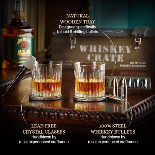 Bullet Whiskey Stones Gift Set by Royal Reserve | Artisan Crafted Bourbon Glasses, Coasters, Crate – Whiskey Gifts for Men Husband Dad Boyfriend Ranger Hunter