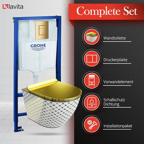 LAVITA Vorwandelement Solido + Wand Hänge WC Sofi Slim Checked Gold/Weiß Spülrandlos + + WC Sitz mit Absenkautomatik Goldener Knopf Komplettset Unterputz Spülkasten Toilette Komplett Sett WC – Bild 4