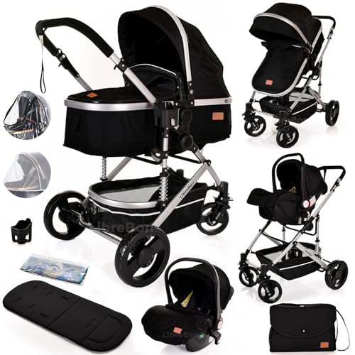 Baby Buggy Pram Pushchair 3 in 1 with Car Seat Child Lightweight Folding Stroller One Size Fits All 3 in 1 Travel System Pram for Newborns & Toddlers 0-36 Months from Birth (Black - Silver Frame)