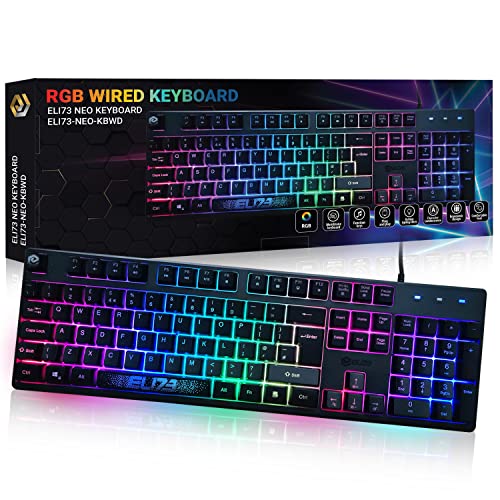 ELI73 Neo - Teclado RGB - Iluminación RGB de 7 Zonas, 11 Modos retroiluminados RGB, diseño QWERTY Reino Unido, Multimedia dedicados y 19 Teclas Anti-Fantasma,Teclado RGB con Cable USB Cover