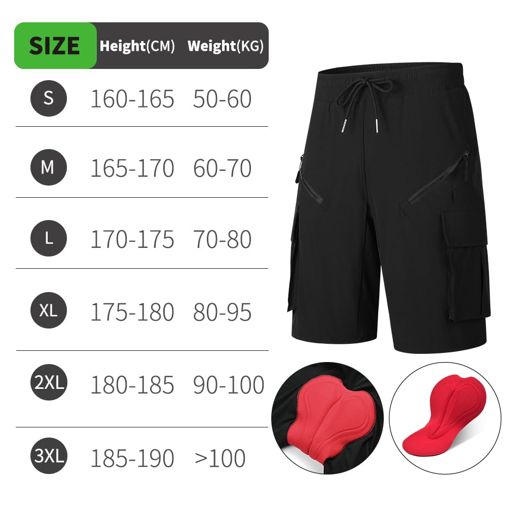 Uomo Pantaloncini da Ciclismo MTB con Gel 4D Traspiranti, Asciugatura Rapida Donna Pantaloncini da Ciclismo Elasticizzati Leggeri Uomo vestibilità Ampia Pantaloncino Cargo