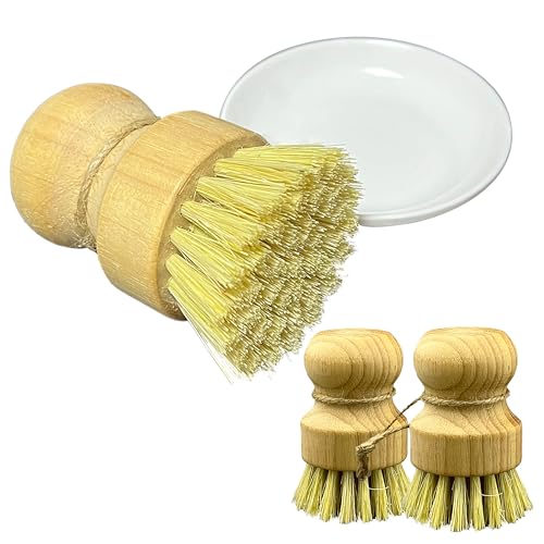 Image of Bamboo Dish Brush Set, Natural Sisal Scrubber for Pots Pans Dishes with Tray, Eco Friendly Kitchen Brush 3 Pack