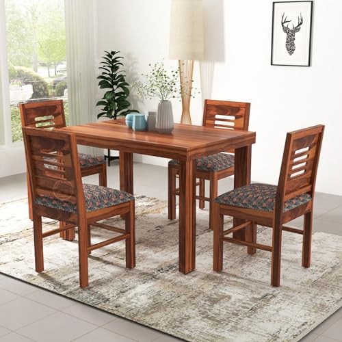 VK Furniture Solid Sheesham Wood Four Seater Dining Table Set with 4 Printed Cushion Chairs for Dining Room Living Room Home | Wooden 4 Seater Dining Table Set for Office Restaurant | Dining Table For Hotel Home | Brown