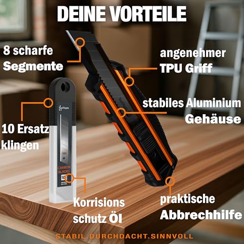3x Profi Cuttermesser Set – Robuste Cutter Messer & Teppichmesser mit 10 SK5 Cuttermesser Klingen I Vielseitiges Handwerkzeug & Präzisions Utility Knife für Handwerker & Heimwerker ToolTopia