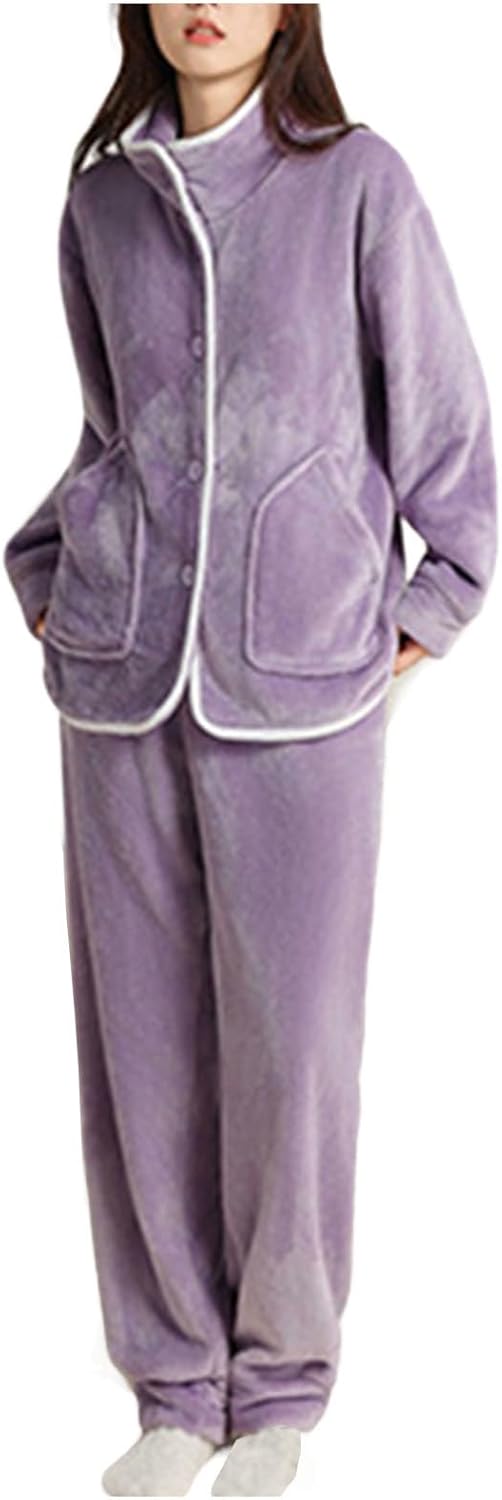 Two Piece Button Up Pajamas for Women Winter Fluffy Warm Pajama Sets Long Sleeve Stand Collar Top and Pants Sleepwear