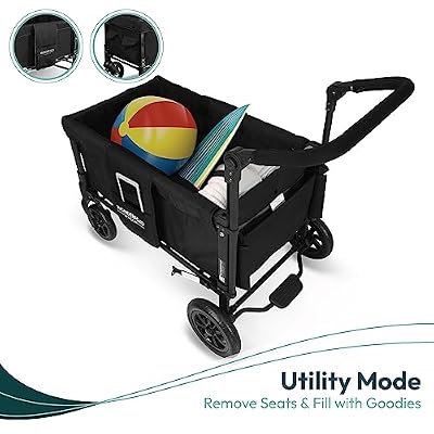 WONDERFOLD W1 Original Stroller Wagon (2 Seater) - Wagon Stroller with Seats with 5-Point Harnesses, Adjustable Push Handle, and Sun Canopy, Jet Black