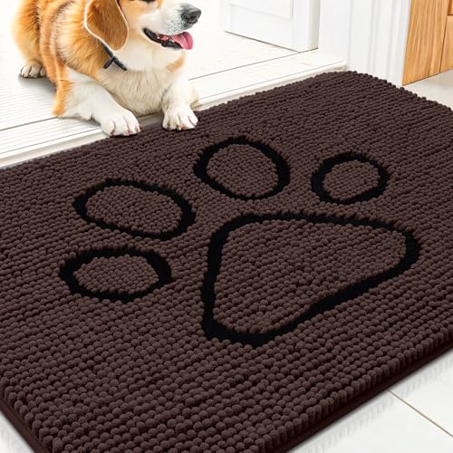 Image of Smiry Dog Door Mat for Muddy Paws, Absorbent Dirt Trapper Non Slip Quick Dry Washable Chenille Mat for Mud Dogs, Entry Rug for Indoor and Outdoor (30x20 Inches, Brown and Black)