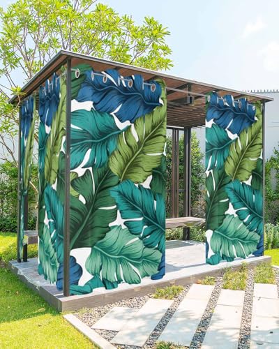Litter Star Waterproof Outdoor Curtains for Patio Porch, Banana Leaf Tropical Plant Grommet Curtain Panel Windproof Outside Curtains Tieback, Summer Watercolor Leaves Weighted Window Treatment Drapes