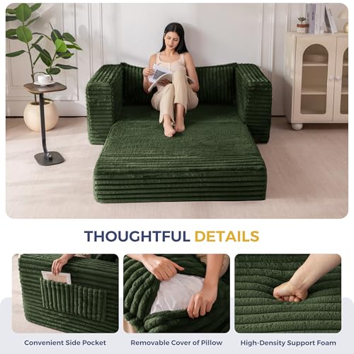 MAXYOYO Convertible Sofa Bed, 2 in 1 Folding Couch Bed for Small Space, Pull Out Loveseat Sofa Couch with Large Back Pillow, Plush Fabric Lounge Couch for Living Room, Apartment, Dark Green by MAXYOYO - Image 8